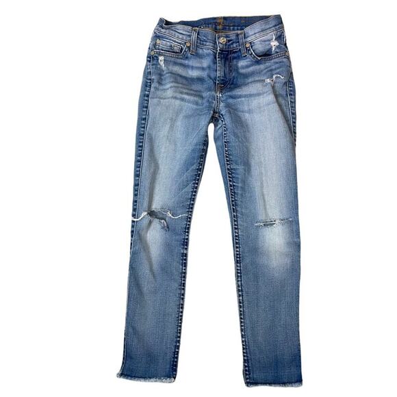 7 for all Mankind  the mid rise skinny SZ 24” distressed raw hem EUC - Picture 1 of 10